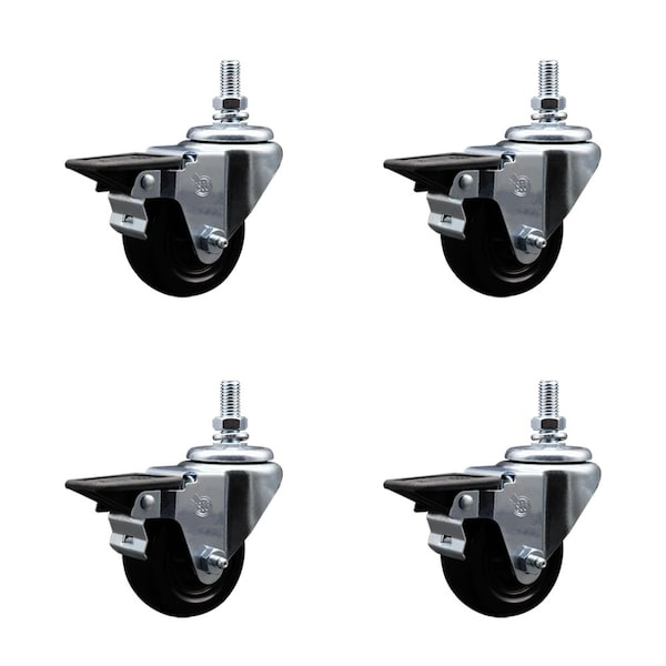 3 Inch Hard Rubber 10 MM Threaded Stem Caster Set with Brake